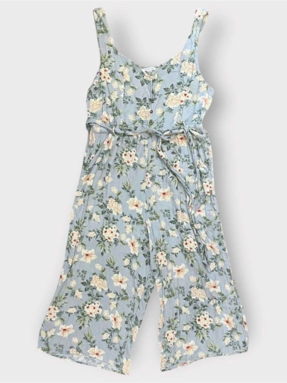 American Eagle Belted Floral Jumpsuit in a Steel Blue with Cream Flowers